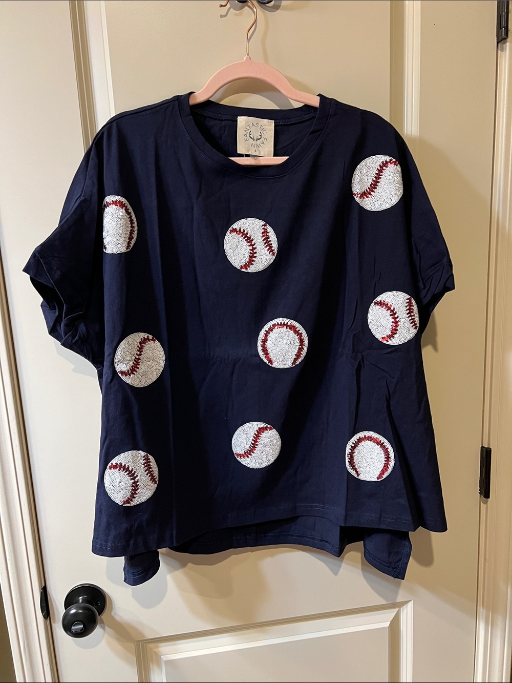 Fantastic Fawn Navy Sequin Baseball Tee Oversized - Picture 1 of 9